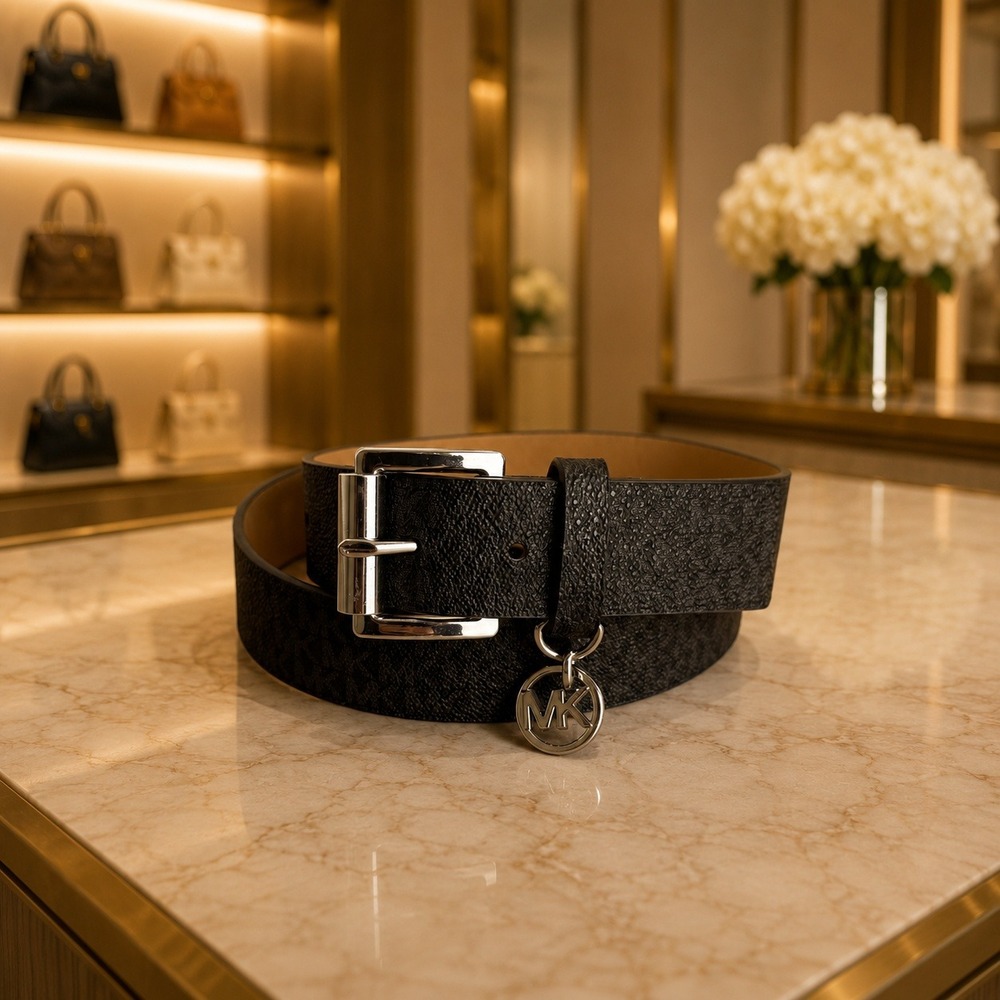 Michael Kors Womens Black Monogram Belt‎ Silver MK Logo Charm Size Medium